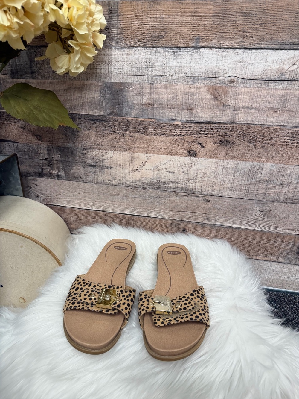 Dr. Scholl's Leopard Print Slide Sandals with Gold Buckle
